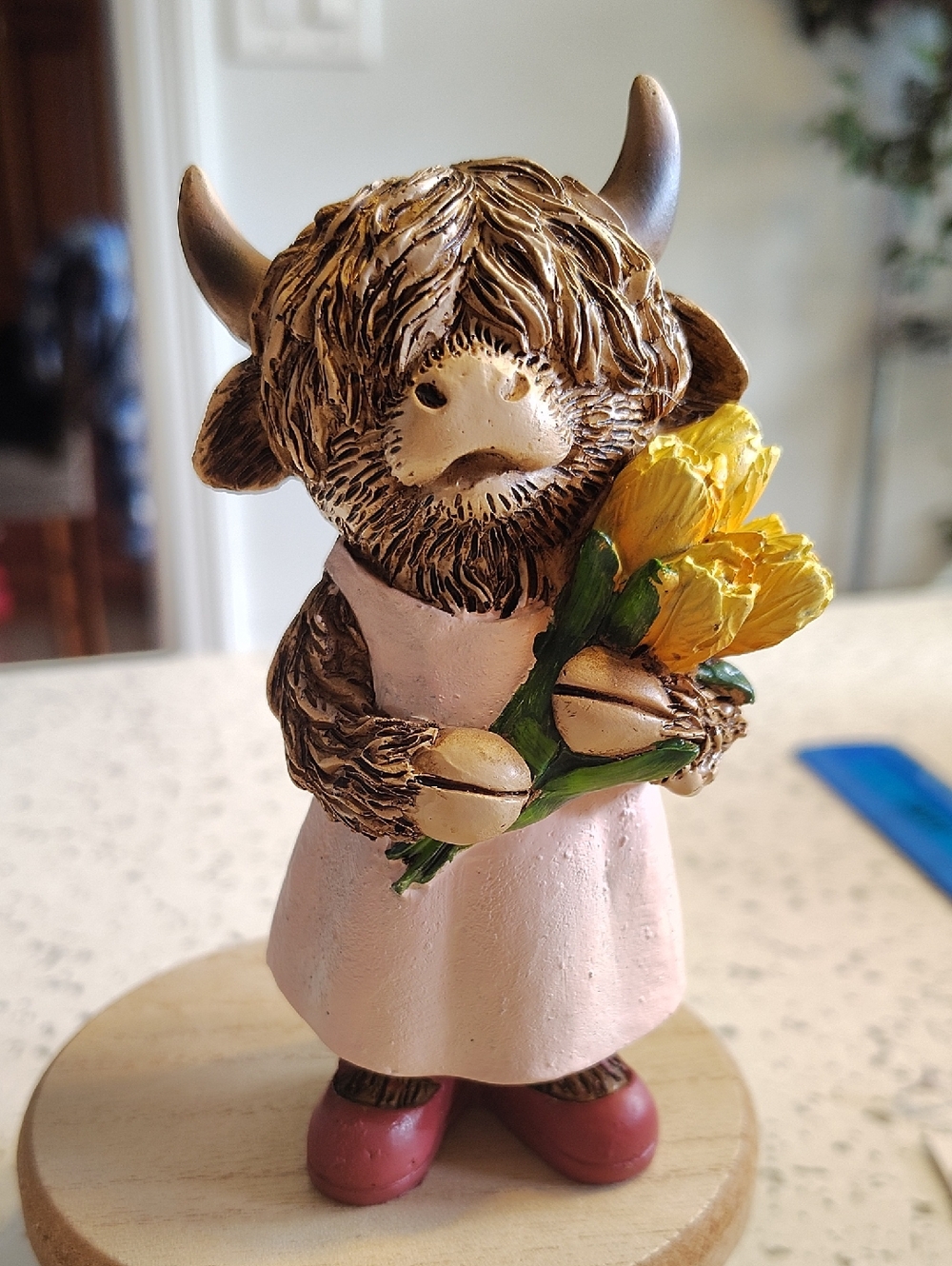 Easter Highland Cow Figurine in Pastel Pink Dress with Yellow Flowers